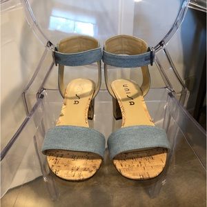 Unisa Chambray Denim Block Heel Sandals: Size 9